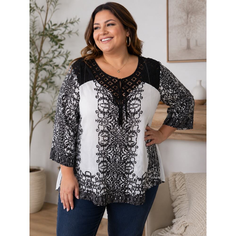 Roz & Ali Plus 2X Semi Sheer Lace Back Tunic Blouse Black White Boho Causal